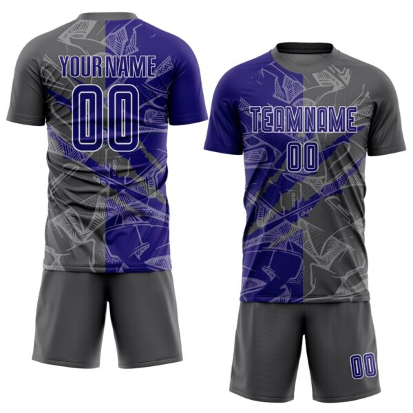 Benutzerdefinierte Graffiti Muster Dunkel Lila-Stahl Grau Scratch Sublimation Fußball Uniform Jersey – Bild 2