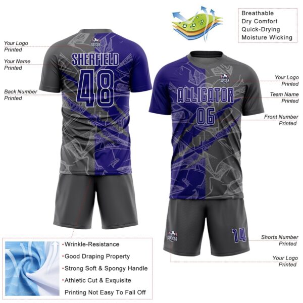 Benutzerdefinierte Graffiti Muster Dunkel Lila-Stahl Grau Scratch Sublimation Fußball Uniform Jersey – Bild 5