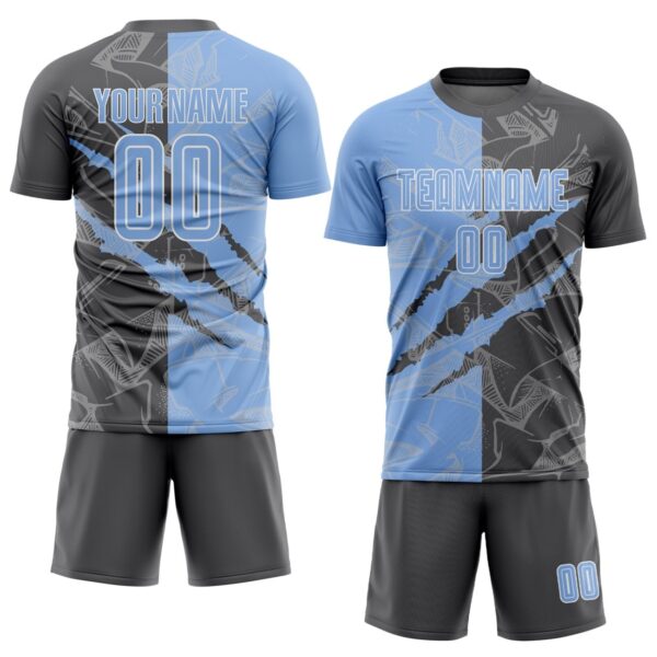 Benutzerdefinierte Graffiti Muster Hellblau-Stahlgrau Scratch Sublimation Fußball Uniform Jersey – Bild 2