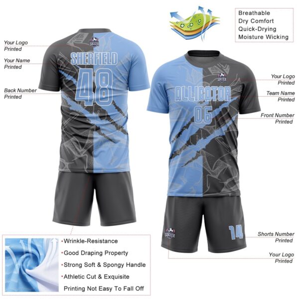 Benutzerdefinierte Graffiti Muster Hellblau-Stahlgrau Scratch Sublimation Fußball Uniform Jersey – Bild 5