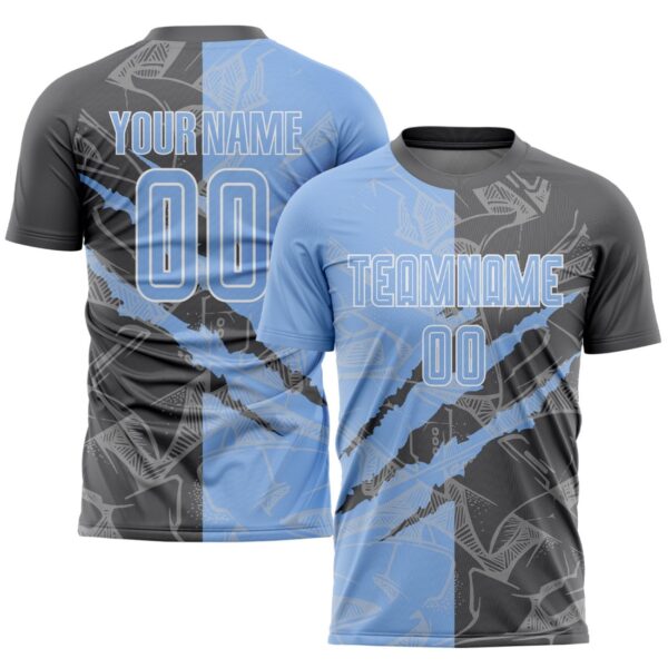 Benutzerdefinierte Graffiti Muster Hellblau-Stahlgrau Scratch Sublimation Fußball Uniform Jersey – Bild 1