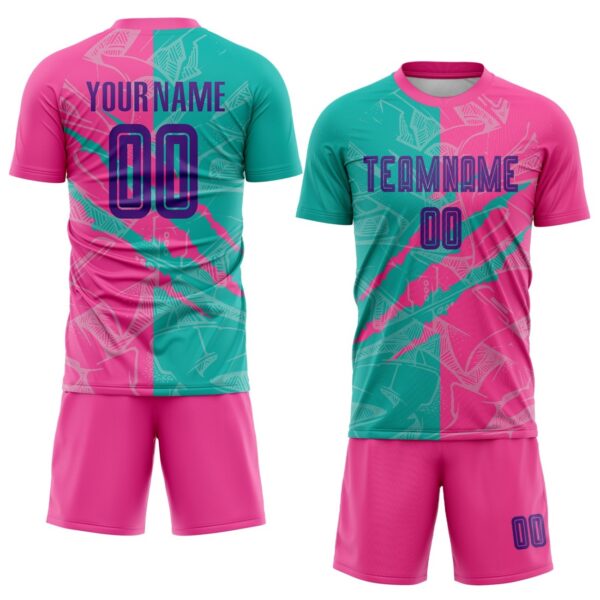 Benutzerdefinierte Graffiti Muster Lila Teal-Pink Scratch Sublimation Fußball Uniform Jersey – Bild 2