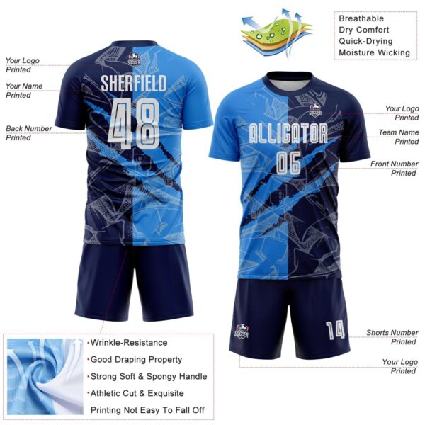 Benutzerdefinierte Graffiti Muster Pulver Blau-Navy Scratch Sublimation Fußball Uniform Jersey – Bild 5
